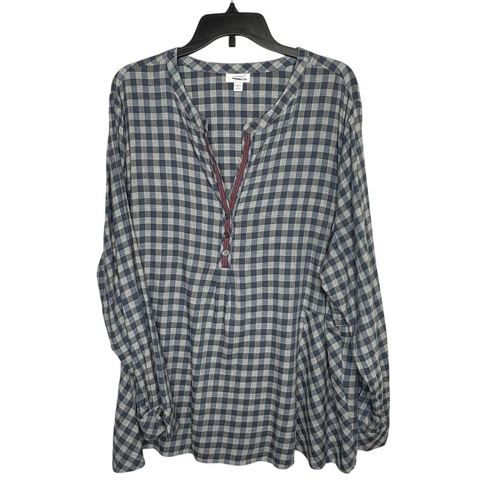 J. Jill Soft Flannel Gingham Check Long Sleeve Blue Gray Flowy Pullover Top 3X